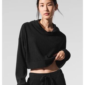 ALO Yoga Black Ribbed Cropped Hoodie